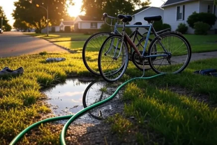 Two vintage bicycles and a garden hose on a suburban lawn at golden hour, evoking childhood nostalgia.