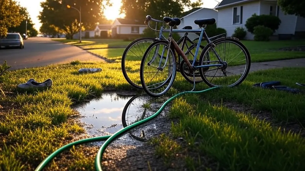 Two vintage bicycles and a garden hose on a suburban lawn at golden hour, evoking childhood nostalgia.