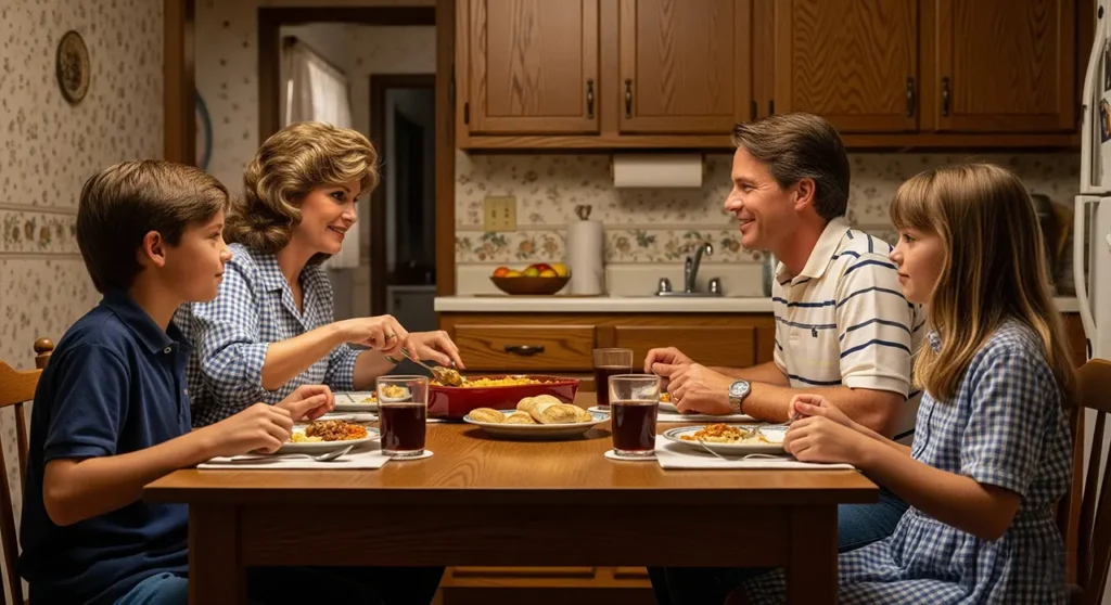 Family having dinner at the kitchen table without devices.