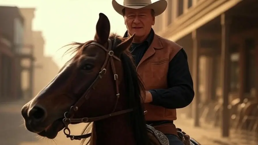 John Wayne riding his horse Zip slowly through a dusty western street during filming of El Dorado in 1966.