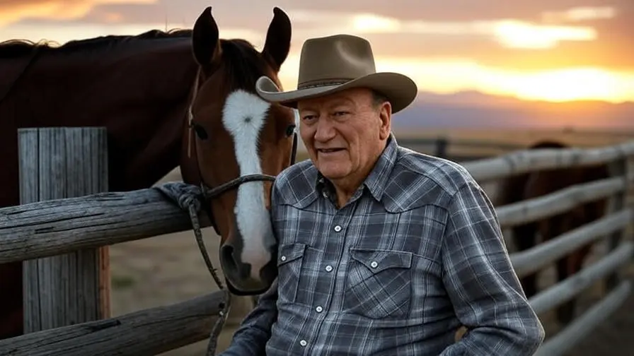 An older John Wayne sitting by a corral fence at sunset beside his horse Zip at his Arizona ranch.