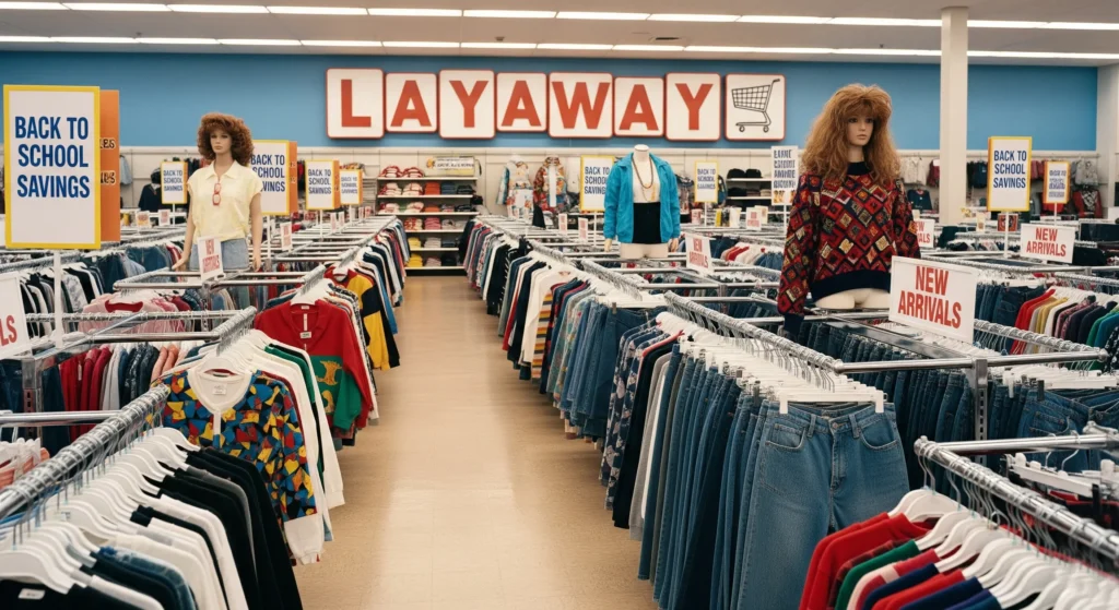 Vintage Kmart back-to-school clothing aisle with layaway sign.