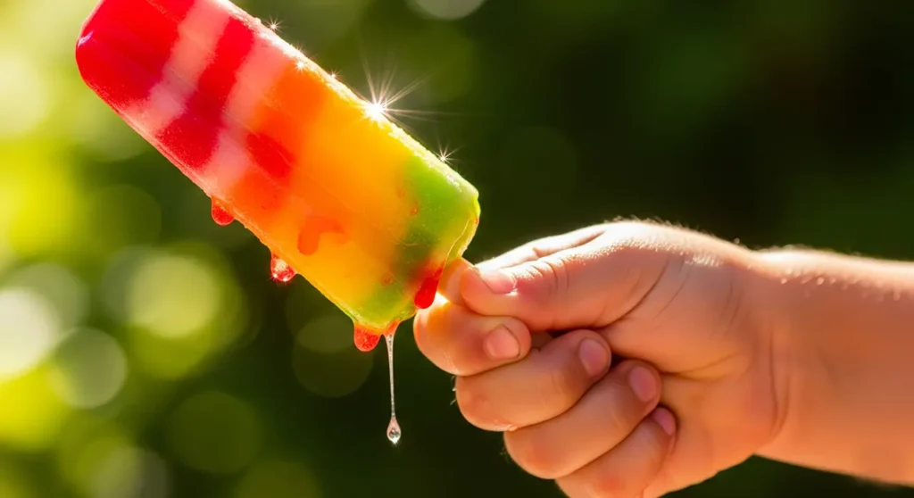 Child holding colorful popsicle in the summer sun.