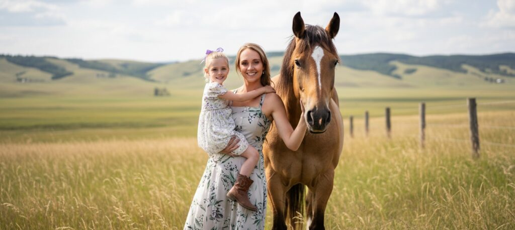 Amber Marshall standing beside a chestnut horse on her Alberta ranch at sunset.