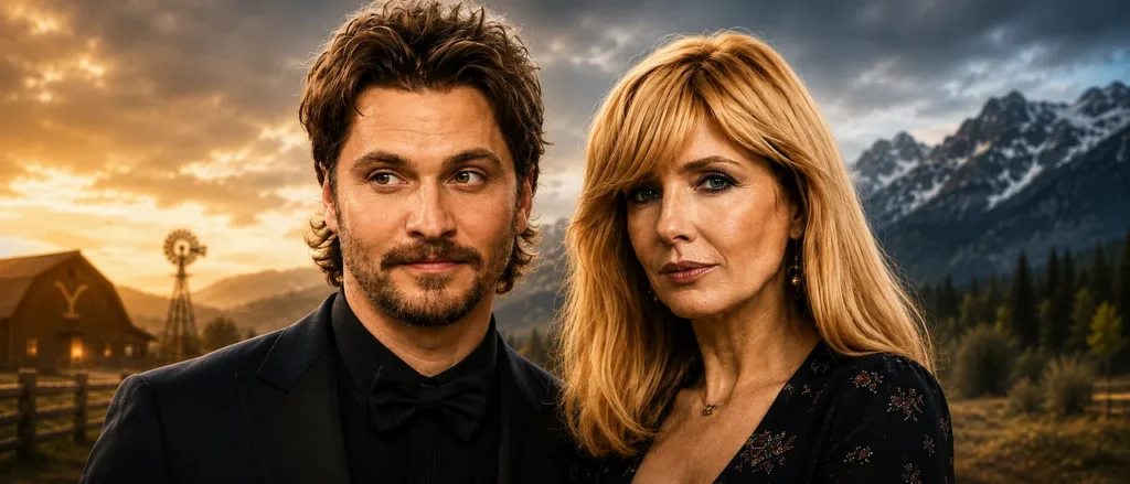 A split-screen graphic of Kayce Dutton (Luke Grimes) on the left in warm sunset lighting near the Dutton ranch house, and Beth Dutton (Kelly Reilly) on the right under a dark, snowy mountain sky near a parked U.S. Marshals truck.