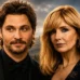 A split-screen graphic of Kayce Dutton (Luke Grimes) on the left in warm sunset lighting near the Dutton ranch house, and Beth Dutton (Kelly Reilly) on the right under a dark, snowy mountain sky near a parked U.S. Marshals truck.