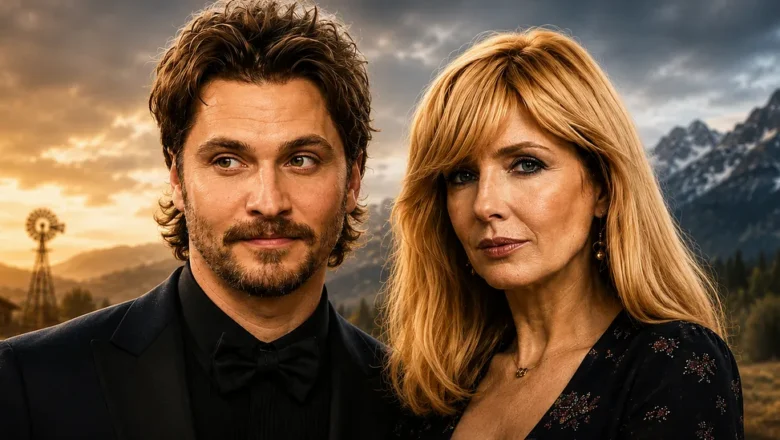 A split-screen graphic of Kayce Dutton (Luke Grimes) on the left in warm sunset lighting near the Dutton ranch house, and Beth Dutton (Kelly Reilly) on the right under a dark, snowy mountain sky near a parked U.S. Marshals truck.