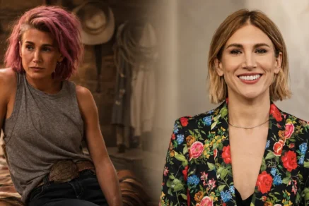 Jennifer Landon shown side by side as Teeter from Yellowstone and in real life, highlighting her dramatic transformation for the role.