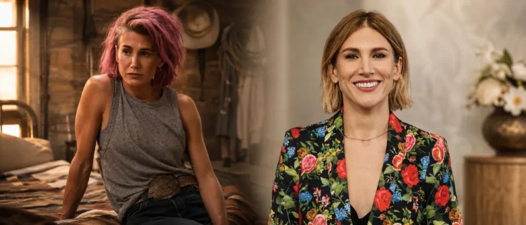 Jennifer Landon shown side by side as Teeter from Yellowstone and in real life, highlighting her dramatic transformation for the role.