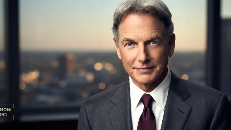 A split-screen promotional image showing veteran actor Mark Harmon as older Leroy Jethro Gibbs on the left, and Austin Stowell as the younger Gibbs on the right.