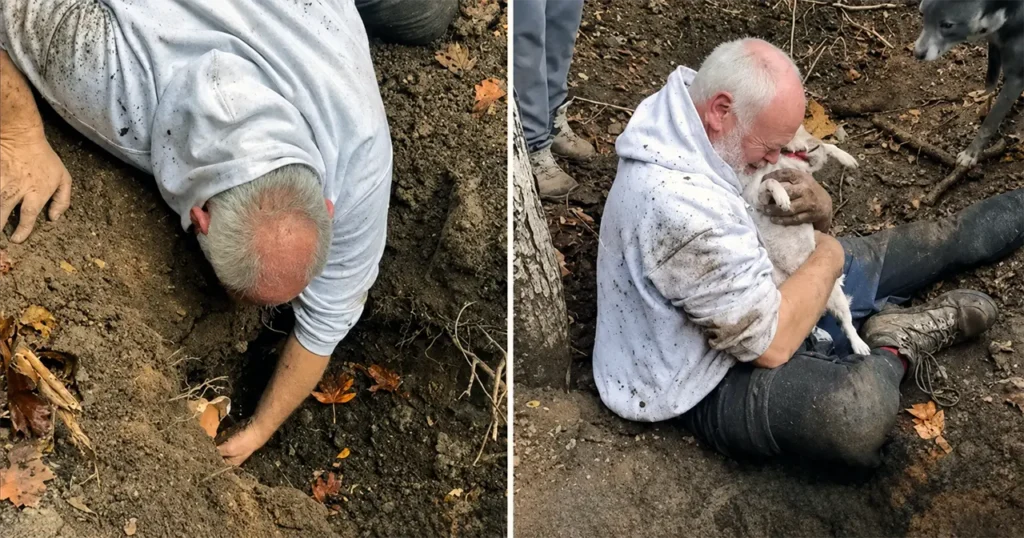 Alan Whitton hugging his missing Jack Russell terrier Mitzi after pulling her out of a fox hole in Essex.