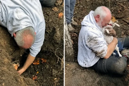 Alan Whitton hugging his missing Jack Russell terrier Mitzi after pulling her out of a fox hole in Essex.
