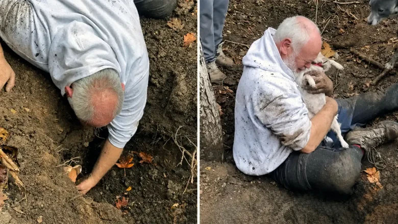 Alan Whitton hugging his missing Jack Russell terrier Mitzi after pulling her out of a fox hole in Essex.