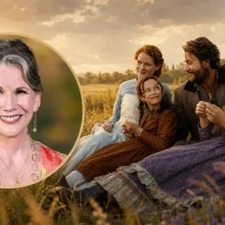 Melissa Gilbert pictured beside a prairie farmhouse inspired by Little House on the Prairie