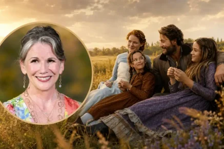 Melissa Gilbert pictured beside a prairie farmhouse inspired by Little House on the Prairie