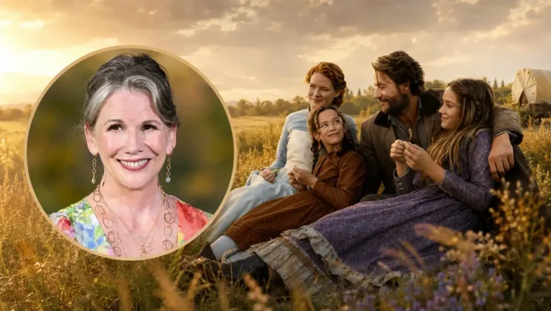 Melissa Gilbert pictured beside a prairie farmhouse inspired by Little House on the Prairie