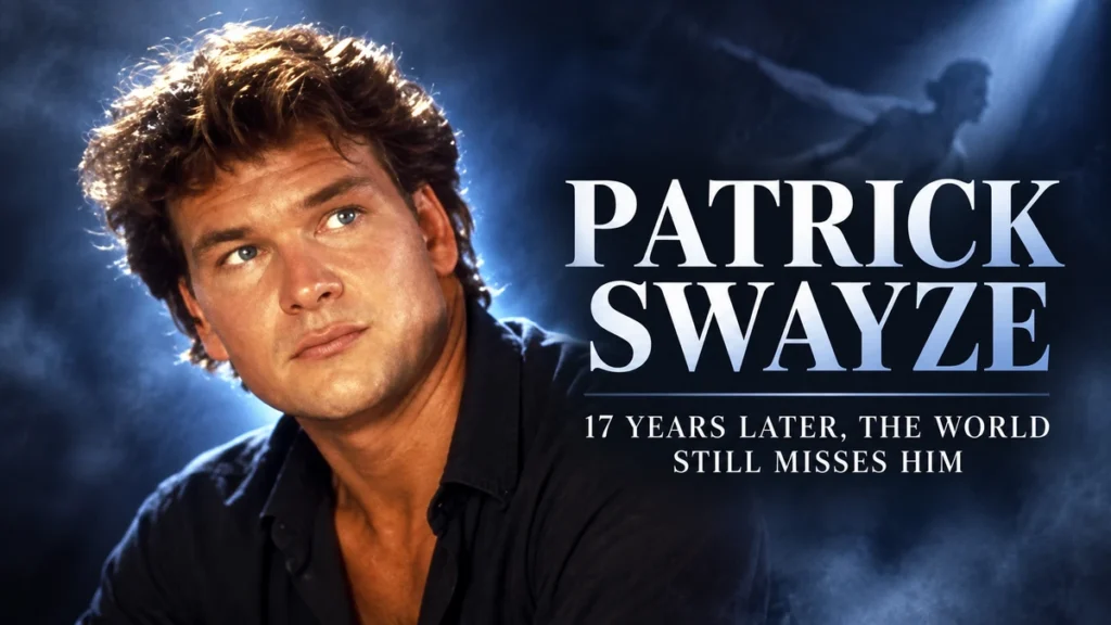 Patrick Swayze portrait featured image with tribute text marking 17 years since his death